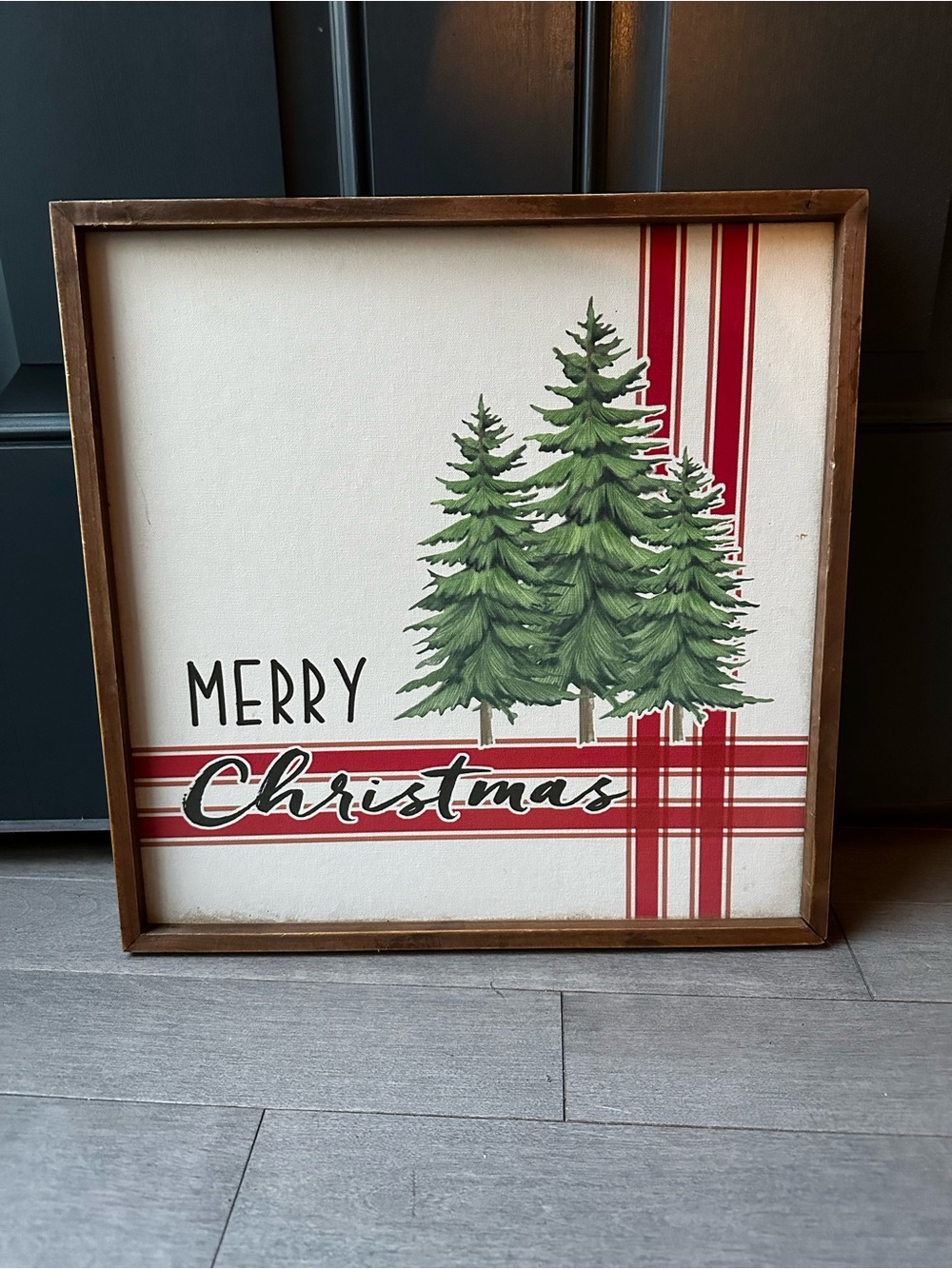 Hobby Lobby Merry Christmas Red Plaid Wooden Holiday Sign Pine Trees Rustic